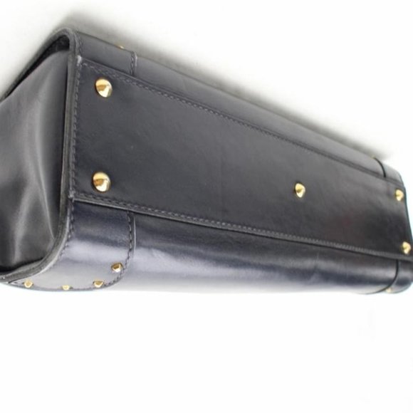 Gucci Navy Blue Leather Horse-bit Top Handle Satchel W Gold Horseshoe Accents - Picture 9 of 11